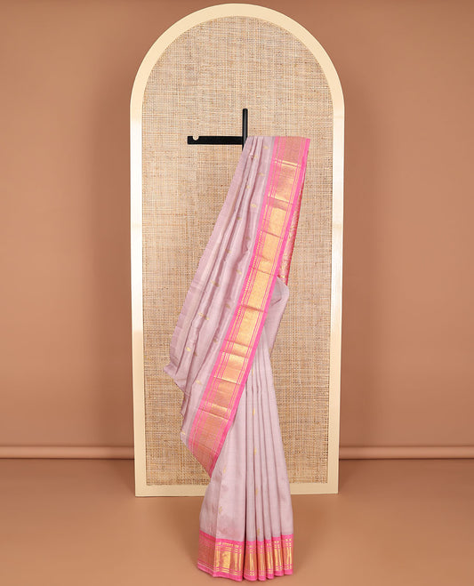 Lavender buttas kancheepuram silk saree with contrast border of zari design & floral design pallu