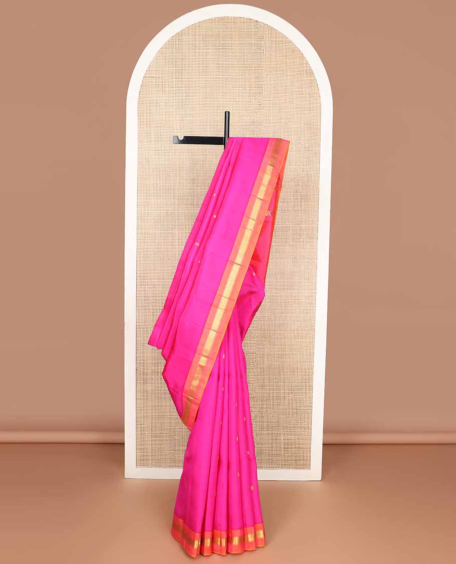 Pink buttas kancheepuram silk saree with contrast zari design border & zari design pallu