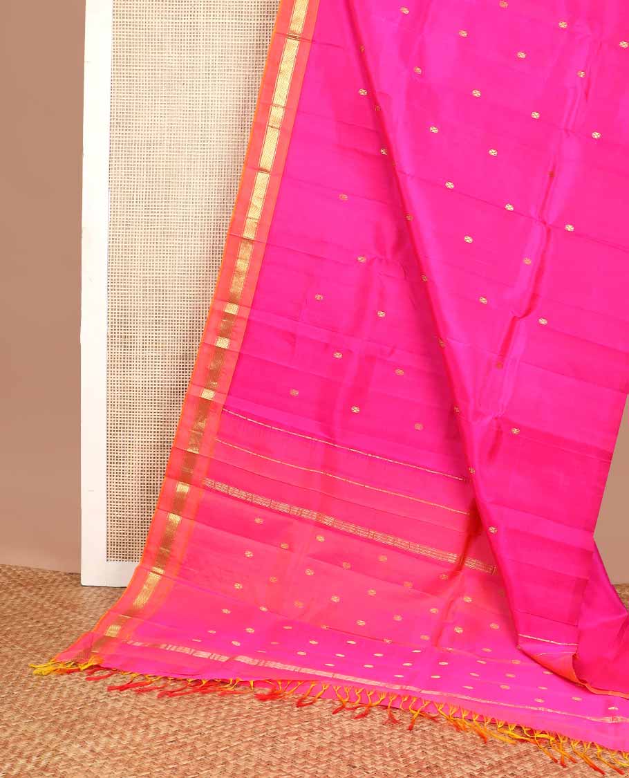 Pink buttas kancheepuram silk saree with contrast zari design border & zari design pallu