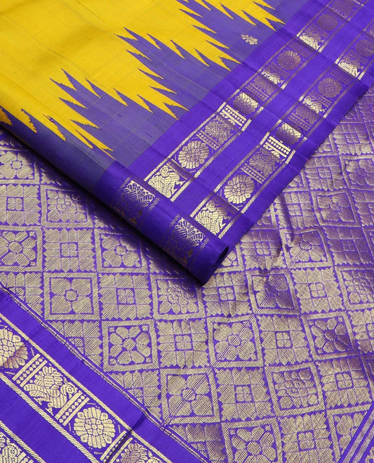 Yellow zari buttas kanchipuram silk saree, contrast rettai pettu one-sided annam chakram border & jaal design pallu