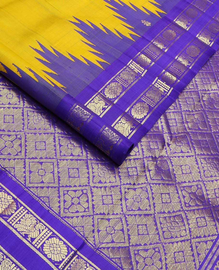 Yellow zari buttas kanchipuram silk saree, contrast rettai pettu one-sided annam chakram border & jaal design pallu