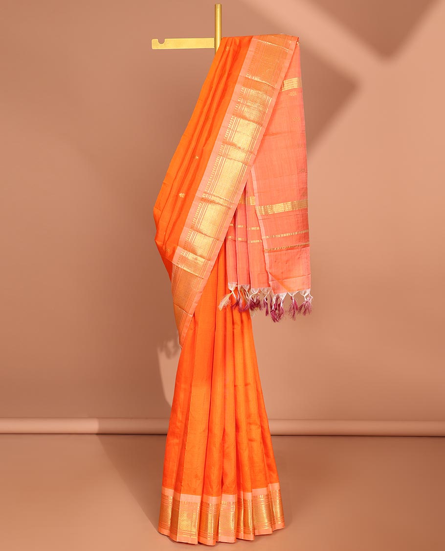 orange buttas kancheepuram silk saree with contrast border of sombu,banaras, muthu, jaal design & zari design pallu