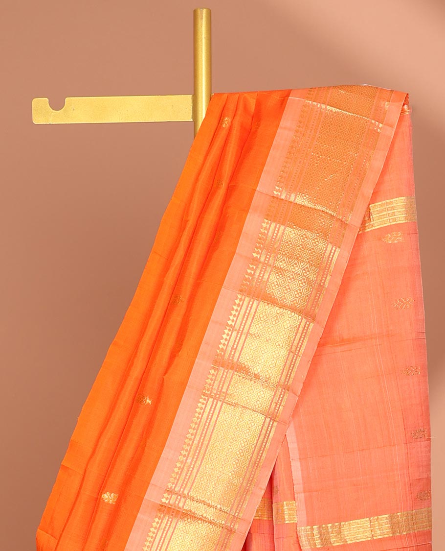 orange buttas kancheepuram silk saree with contrast border of sombu,banaras, muthu, jaal design & zari design pallu
