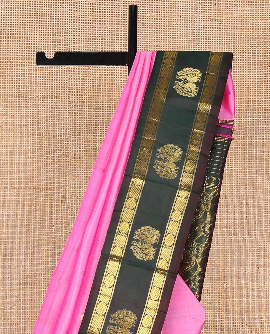 Pink zari buttas kancheepuram silk saree, contrast one-sided rettai pettu korvai border of banaras & poun designs & pallu of manga & floral designs