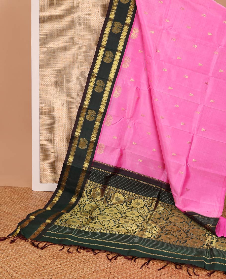 Pink zari buttas kancheepuram silk saree, contrast one-sided rettai pettu korvai border of banaras & poun designs & pallu of manga & floral designs