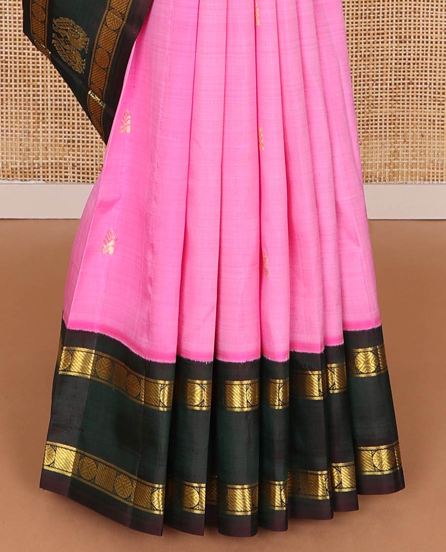 Pink zari buttas kancheepuram silk saree, contrast one-sided rettai pettu korvai border of banaras & poun designs & pallu of manga & floral designs