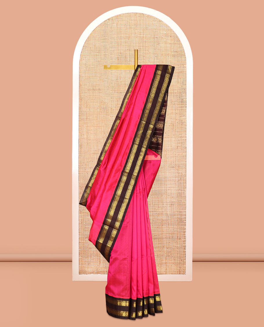 Pink Plain Kuppadam Silk Saree, a Contrast Double Pettu Zari Border, Grand Pallu, a Contrast Blouse