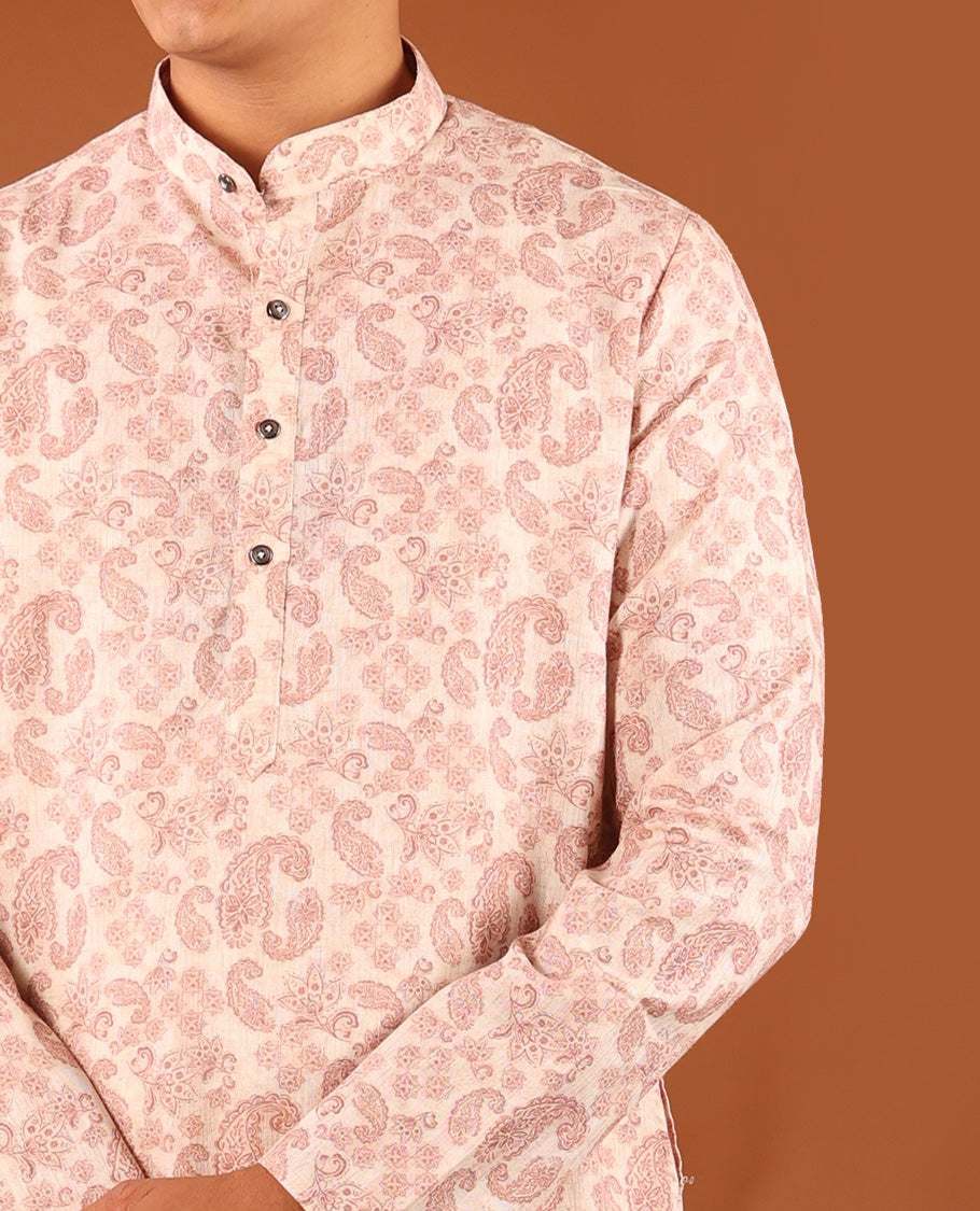 Pale Pink Paisley Motifs Printed Full-Sleeved Men's Kurta