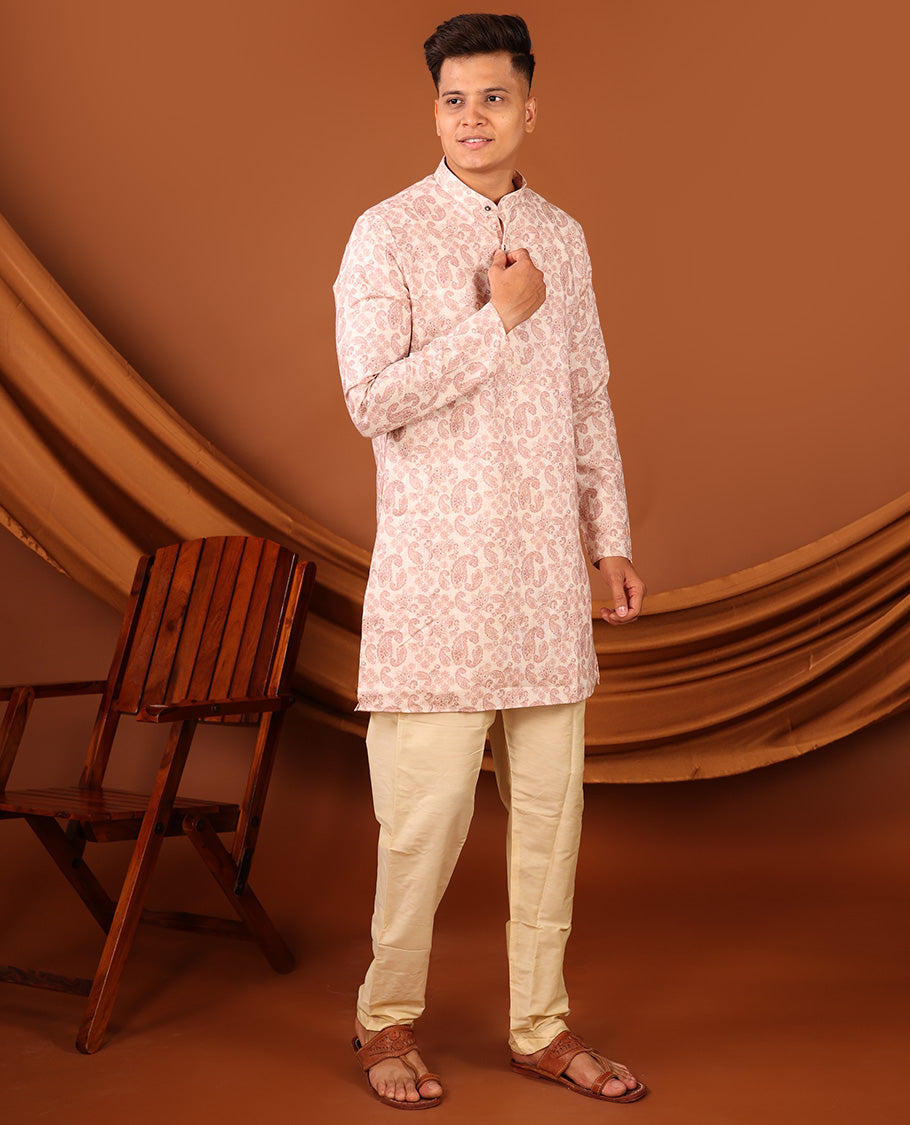 Pale Pink Paisley Motifs Printed Full-Sleeved Men's Kurta