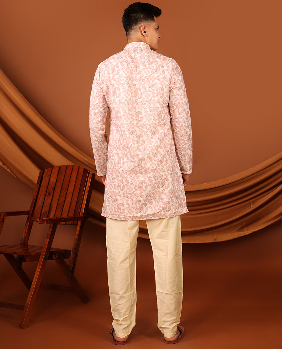 Pale Pink Paisley Motifs Printed Full-Sleeved Men's Kurta