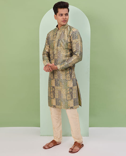 Mustard base, colorful Mughal-style floral and geometric motifs printed with glitter work, full-sleeved readymade kurta