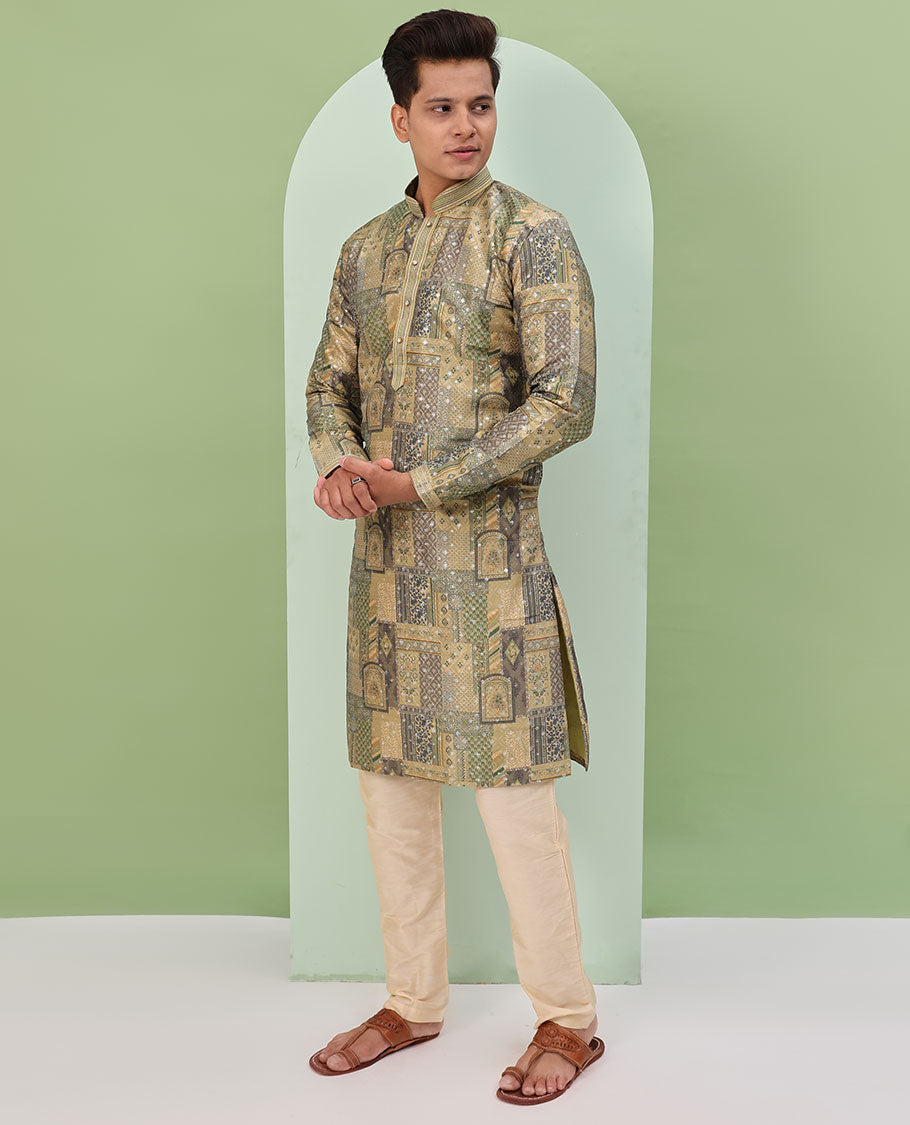 Mustard base, colorful Mughal-style floral and geometric motifs printed with glitter work, full-sleeved readymade kurta