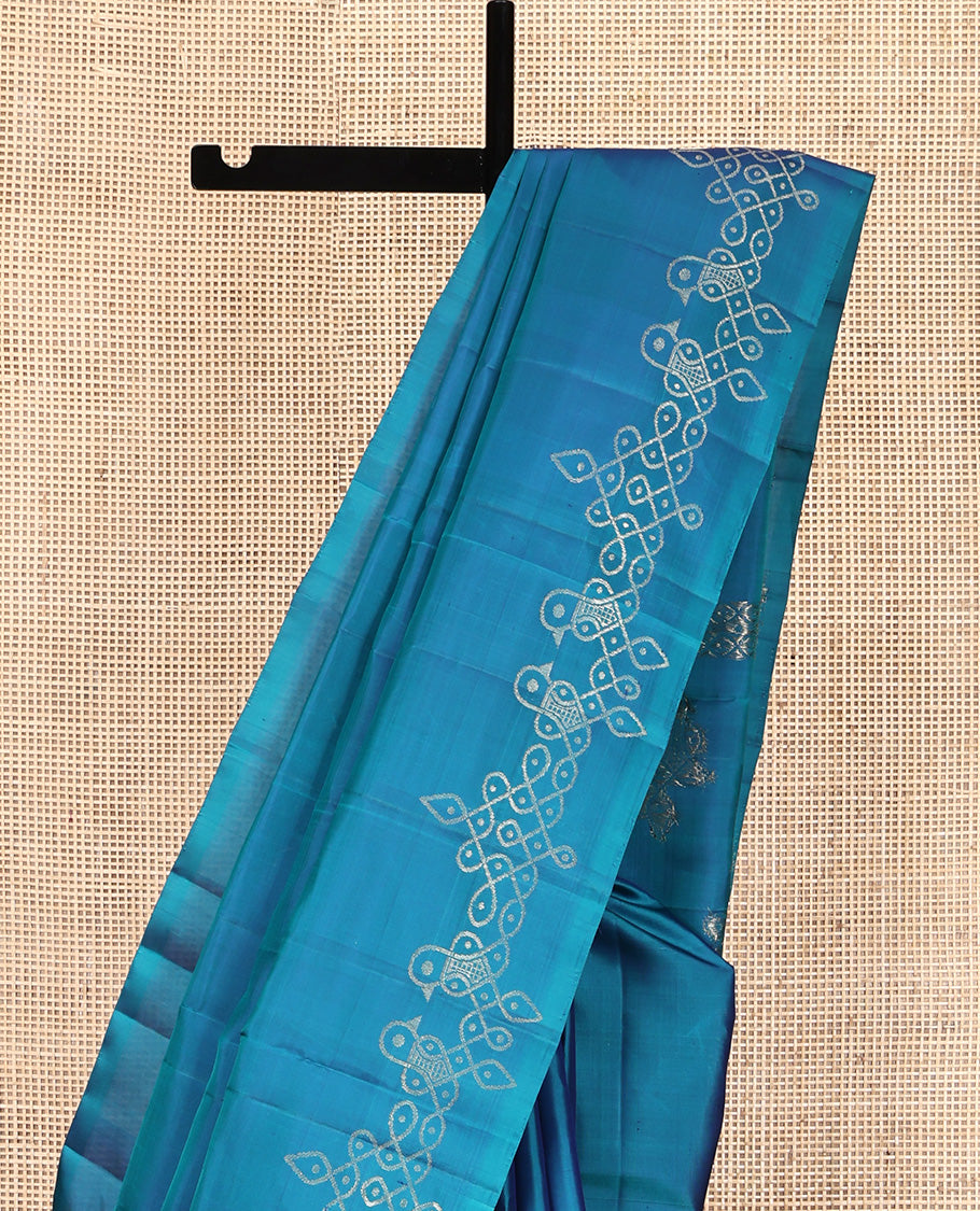 Blue Mayuri Soft Silk Saree, Traditionally Woven with Pakshi Kolam Design On Its Border, Pallu Features Pakshi Kolam, and Paired with a Matching Blouse