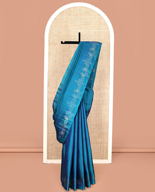 Blue Mayuri Soft Silk Saree, Traditionally Woven with Pakshi Kolam Design On Its Border, Pallu Features Pakshi Kolam, and Paired with a Matching Blouse