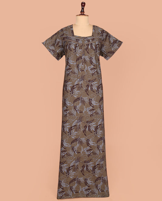 Brown Cotton Nighty Subtly Sparkled with Floral Print, Featuring Lace Work, Square Front Neck, and Half  Sleeves