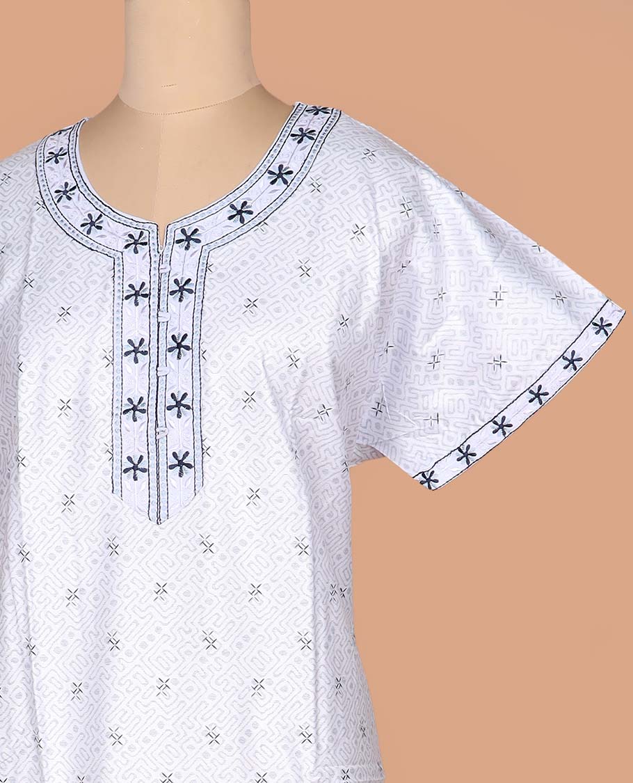 White maze like printed with neck floral embroidered half-sleeve round neck cotton nighty