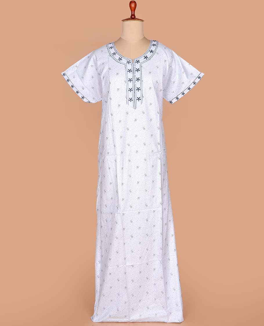 White maze like printed with neck floral embroidered half-sleeve round neck cotton nighty