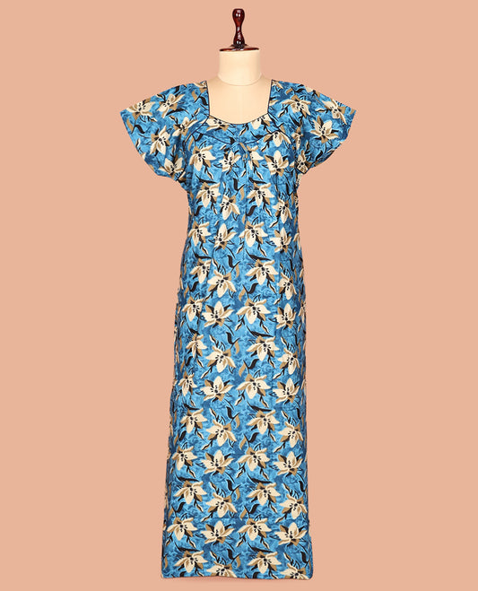 Blue Unique Neck Cotton-Blended Nighty