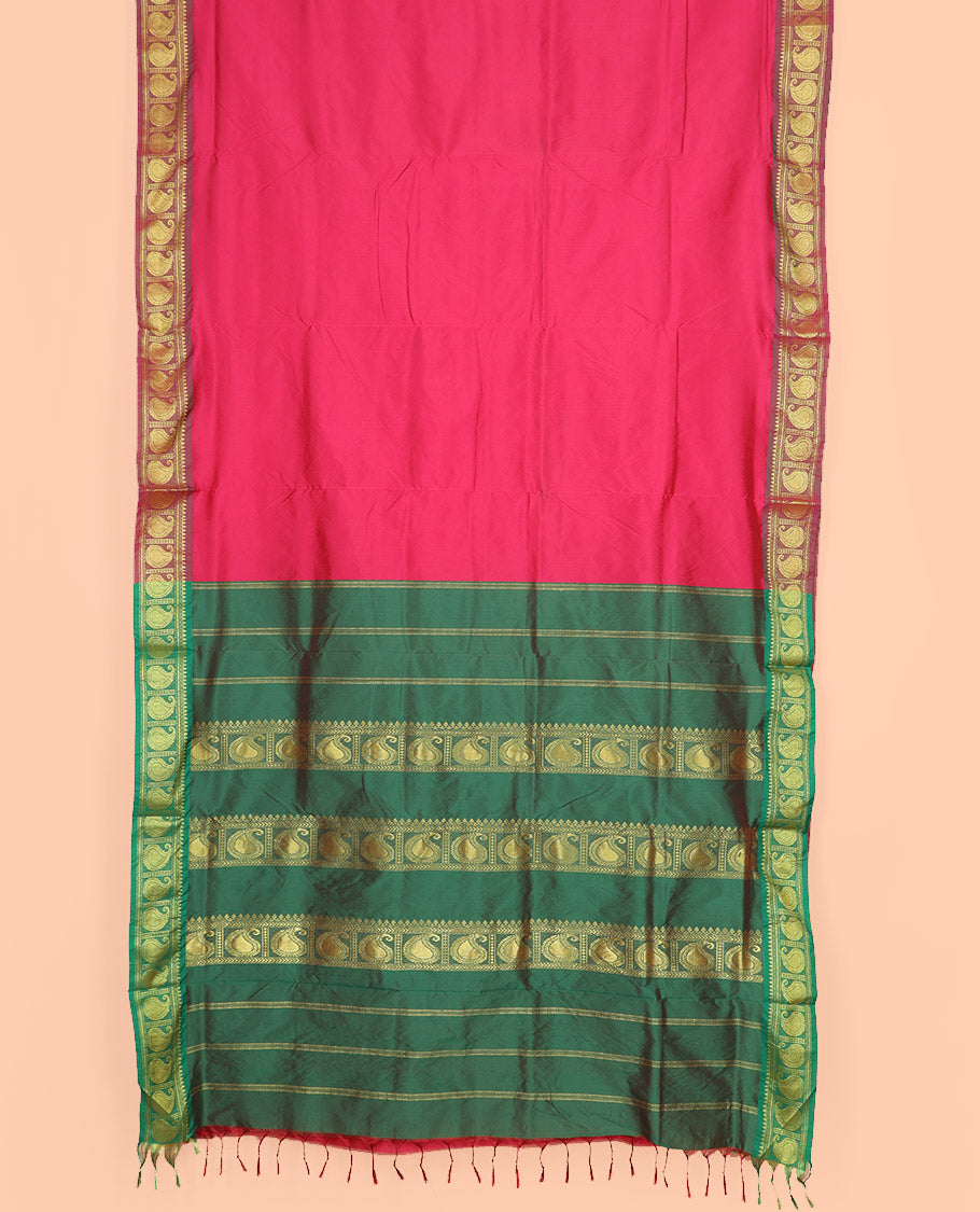 Pink Plain Ten-Yard Art Silk Saree, Complemented by a Contrast Traditional Zari Border of Paisley Designs, and Pallu Adorned with Traditional Zari Designs