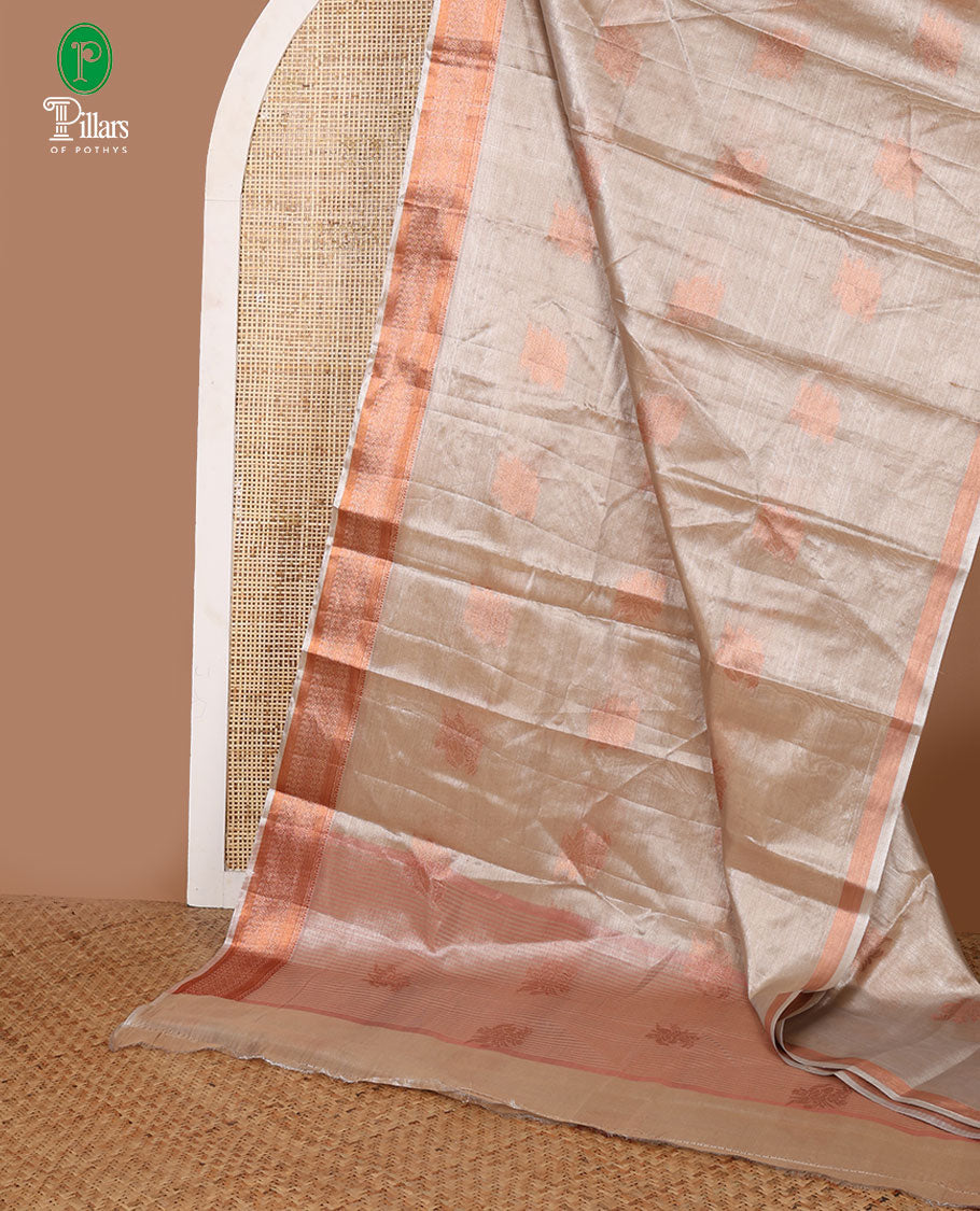 Light gold zari butta design banaras tissue silk saree with almond zari jacquard border & chit pallu along with running blouse
