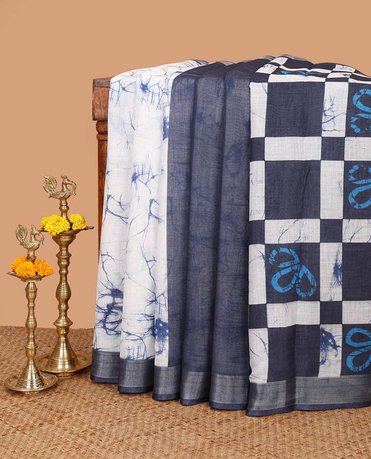 Indigo blue with white floral printed linen saree with zari bawanchi border & checked printed pallu along with plain blouse