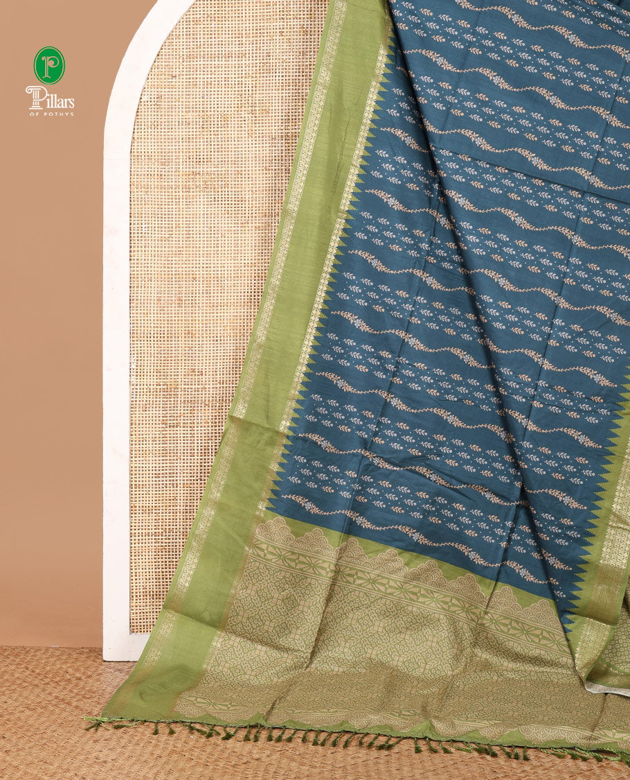 Peacock green digital print khatan silk saree with contrast bentex border & printed pallu along with printed blouse