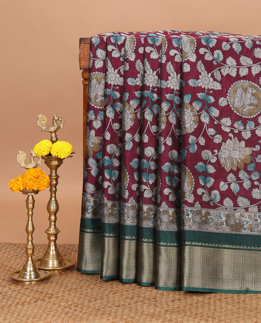 Purple kalamkari-style round peocock & floral vine printed dola silk saree,contrast chevron zari border & peacock pallu