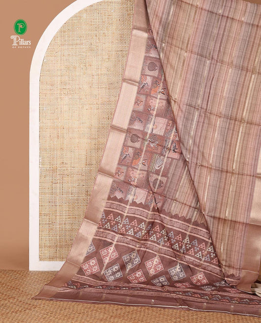 Light blue horizontal zari striped with bird motifs printed soft tusser saree, traditional zari border & geometric printed pallu