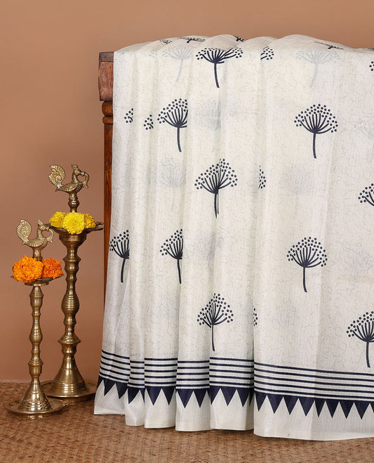 Cream floral-style printed khadi cotton saree, contrast navy blue temple & lining printed border, lining printed border & printed blouse