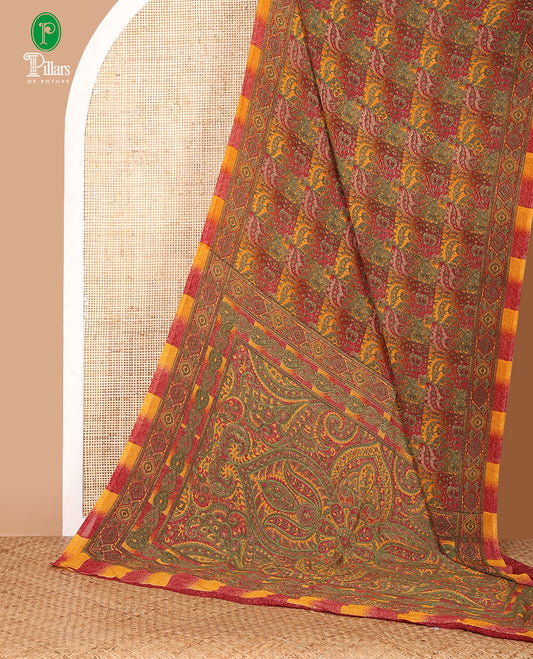 Multi-color intricately floral printed kimaya saree, ogee design printed border, intricately printed pallu & contrast color printed blouse