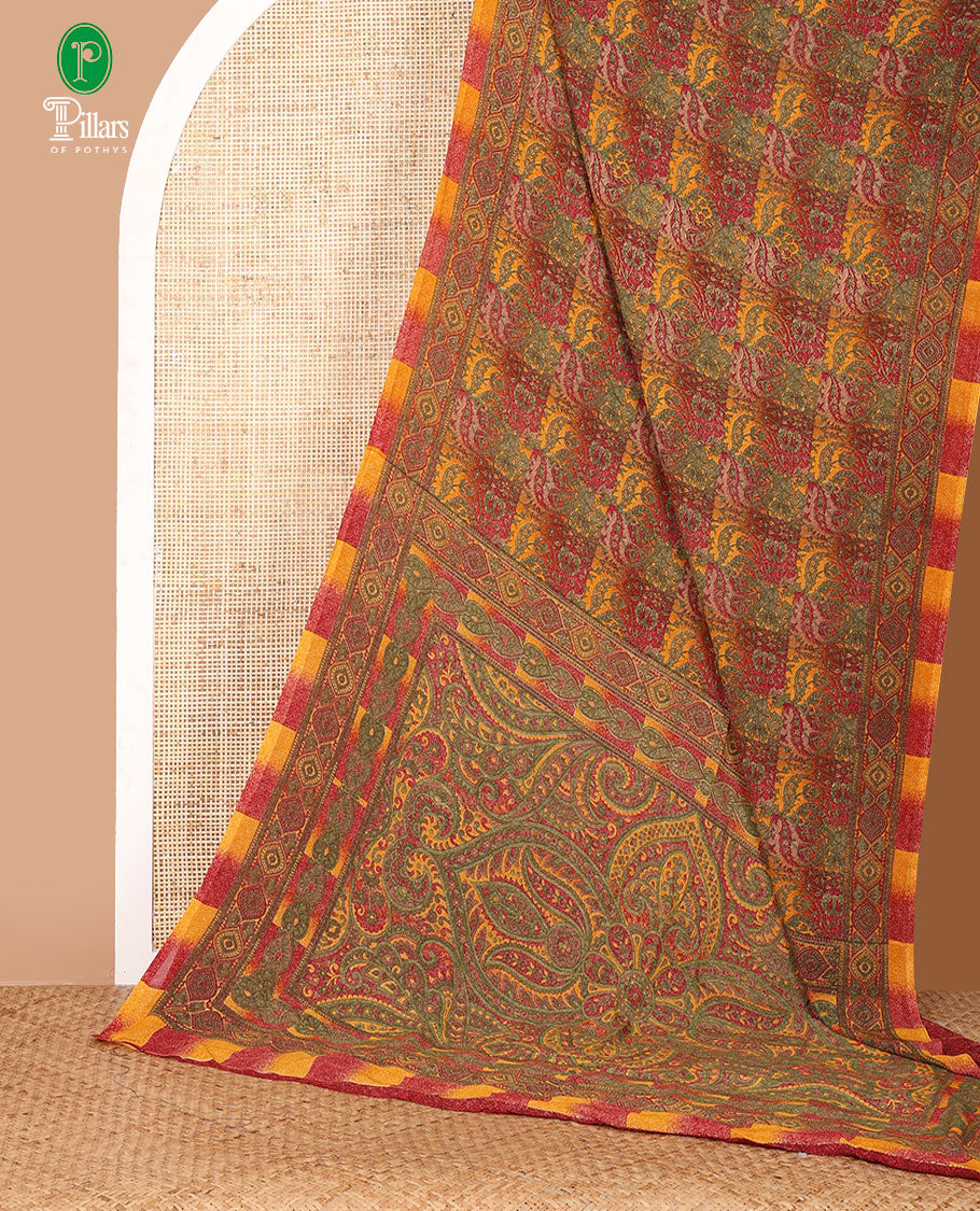 Multi-color intricately floral printed kimaya saree, ogee design printed border, intricately printed pallu & contrast color printed blouse