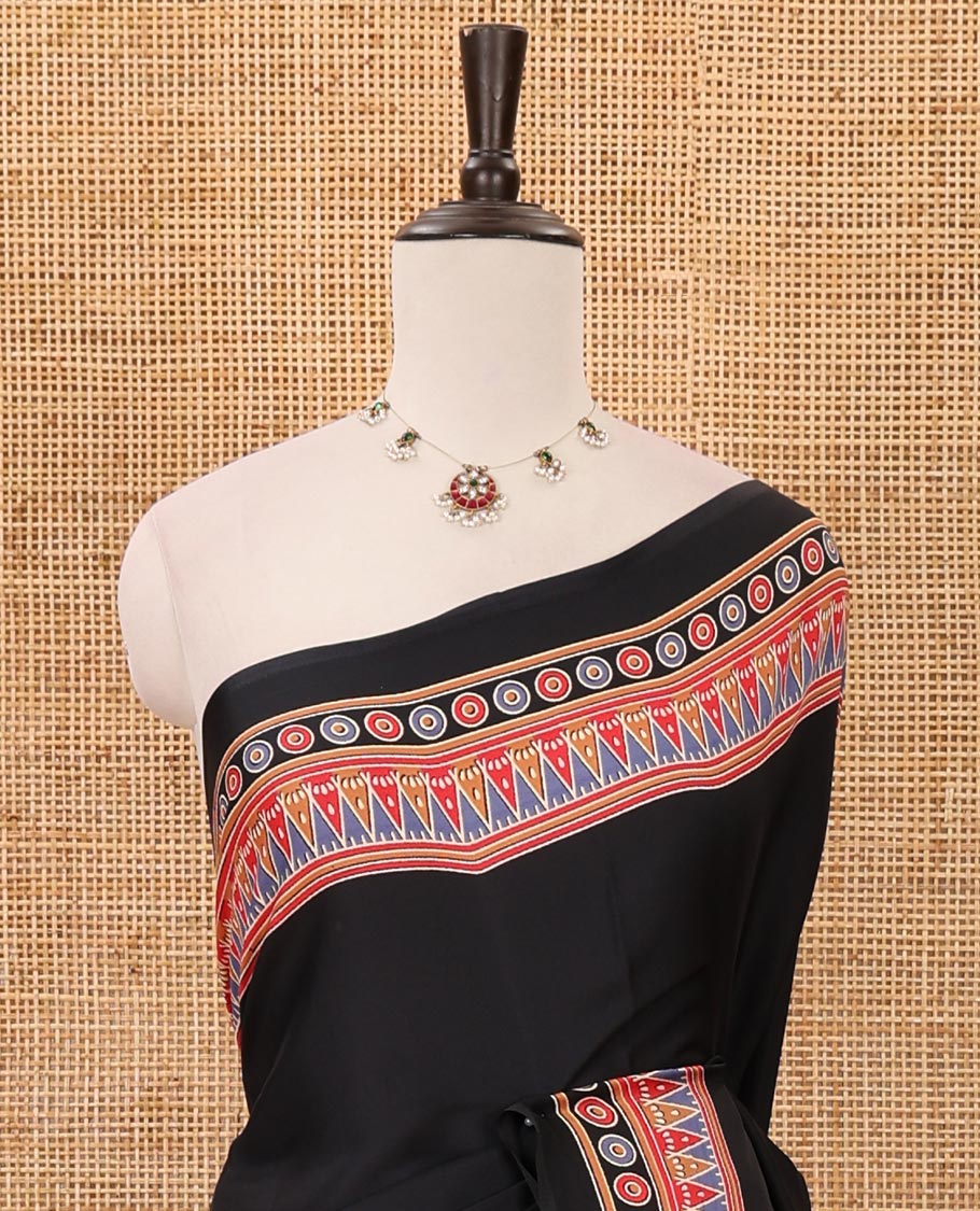 Black plain design modal satin saree, Ajrakh printed border, floral-Ajrakh printed pallu & Ajrakh printed blouse