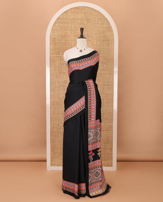 Black plain design modal satin saree, Ajrakh printed border, floral-Ajrakh printed pallu & Ajrakh printed blouse