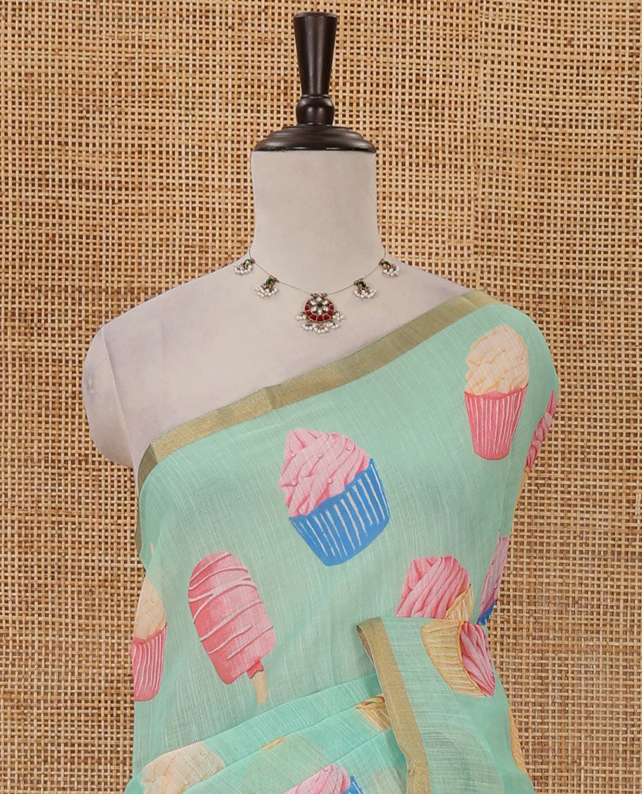 Green cupcake & Ice Cream motifs printed Linen saree, piping border, contrast Cone Ice Cream motif printed pallu & pink printed blouse