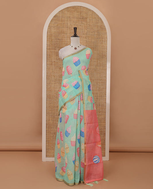 Green cupcake & Ice Cream motifs printed Linen saree, piping border, contrast Cone Ice Cream motif printed pallu & pink printed blouse