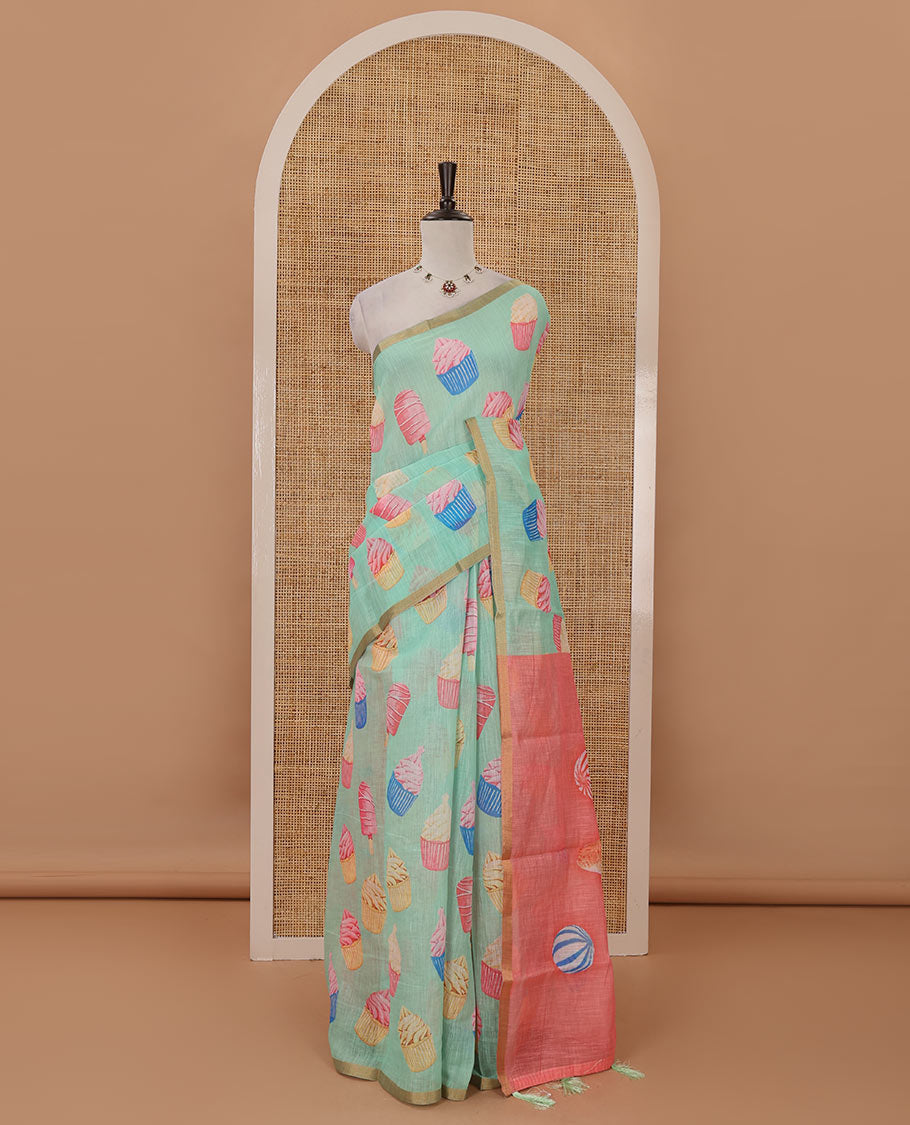 Green cupcake & Ice Cream motifs printed Linen saree, piping border, contrast Cone Ice Cream motif printed pallu & pink printed blouse