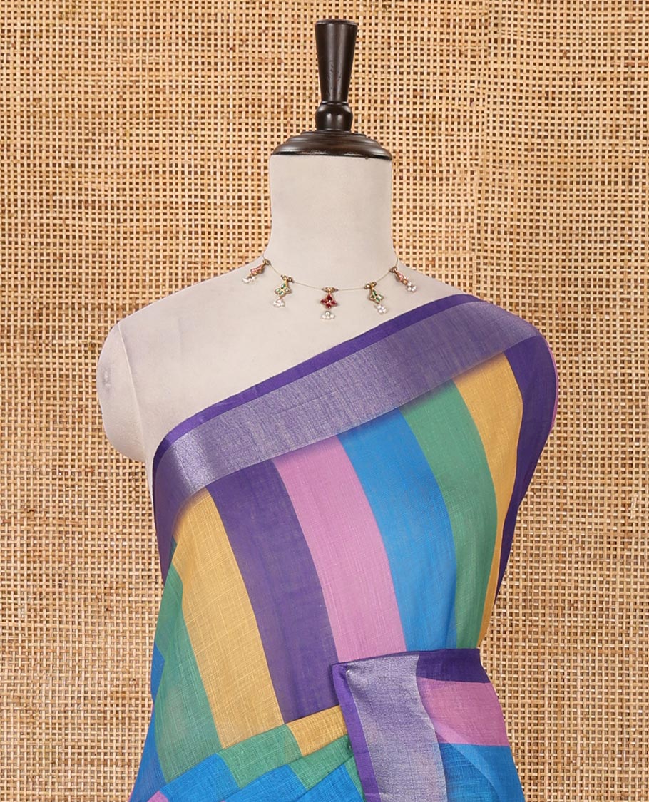 Violet-base colorful vertical stripes printed linen cotton saree, silver zari bavanji border, ice cream motifs printed pallu & contrast printed blouse