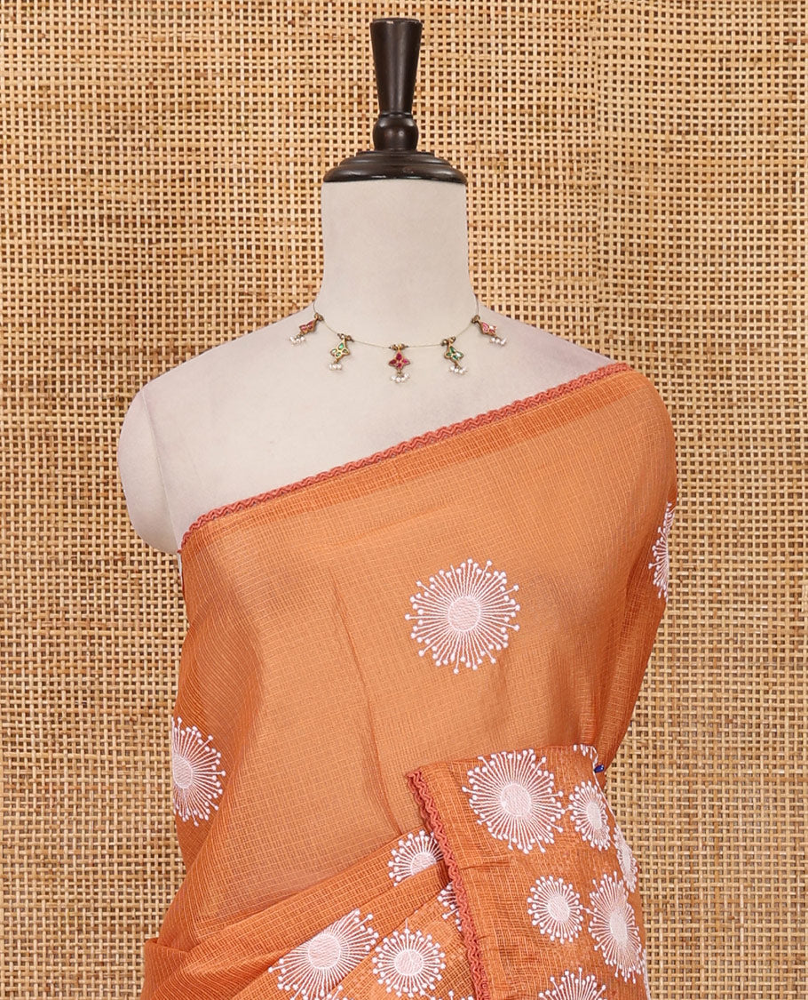 Orange star flower motifs chikankari-style embroidered kota check saree, lace border & matching checked blouse