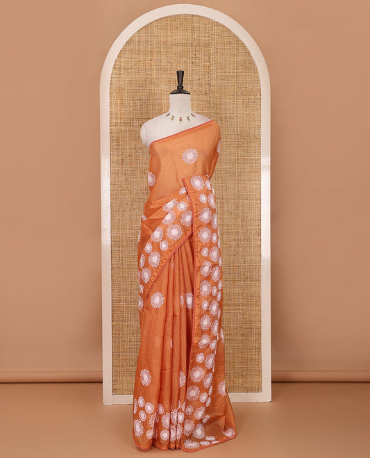 Orange star flower motifs chikankari-style embroidered kota check saree, lace border & matching checked blouse