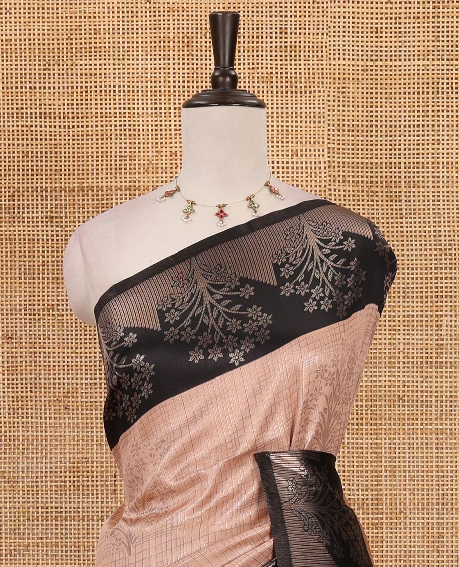 Peach zari checked & floral buttas kanchi silk saree,contrast satin border of floral zari motifs,intrictae pallu & contrast plain blouse