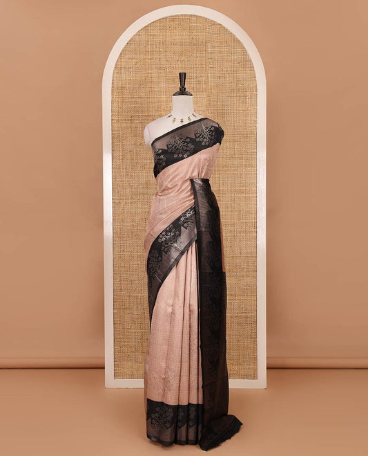 Peach zari checked & floral buttas kanchi silk saree,contrast satin border of floral zari motifs,intrictae pallu & contrast plain blouse