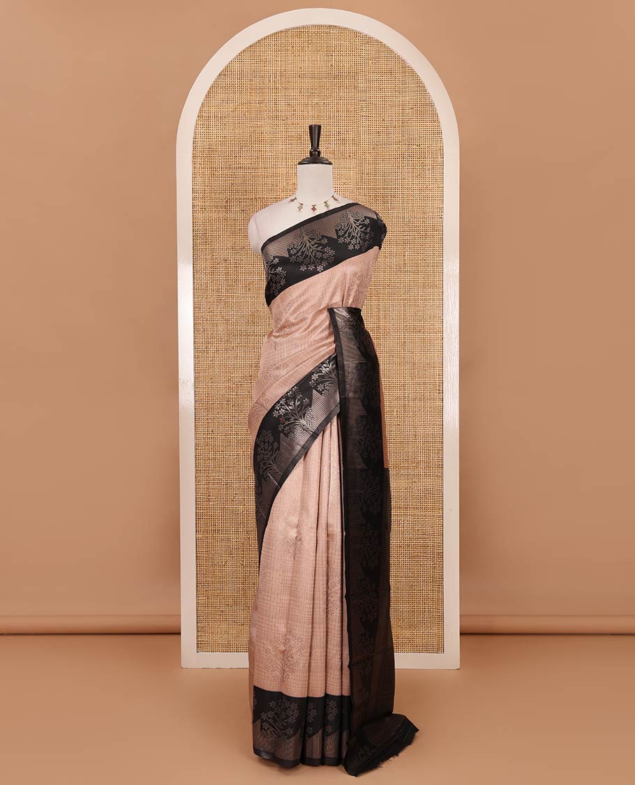 Peach zari checked & floral buttas kanchi silk saree,contrast satin border of floral zari motifs,intrictae pallu & contrast plain blouse