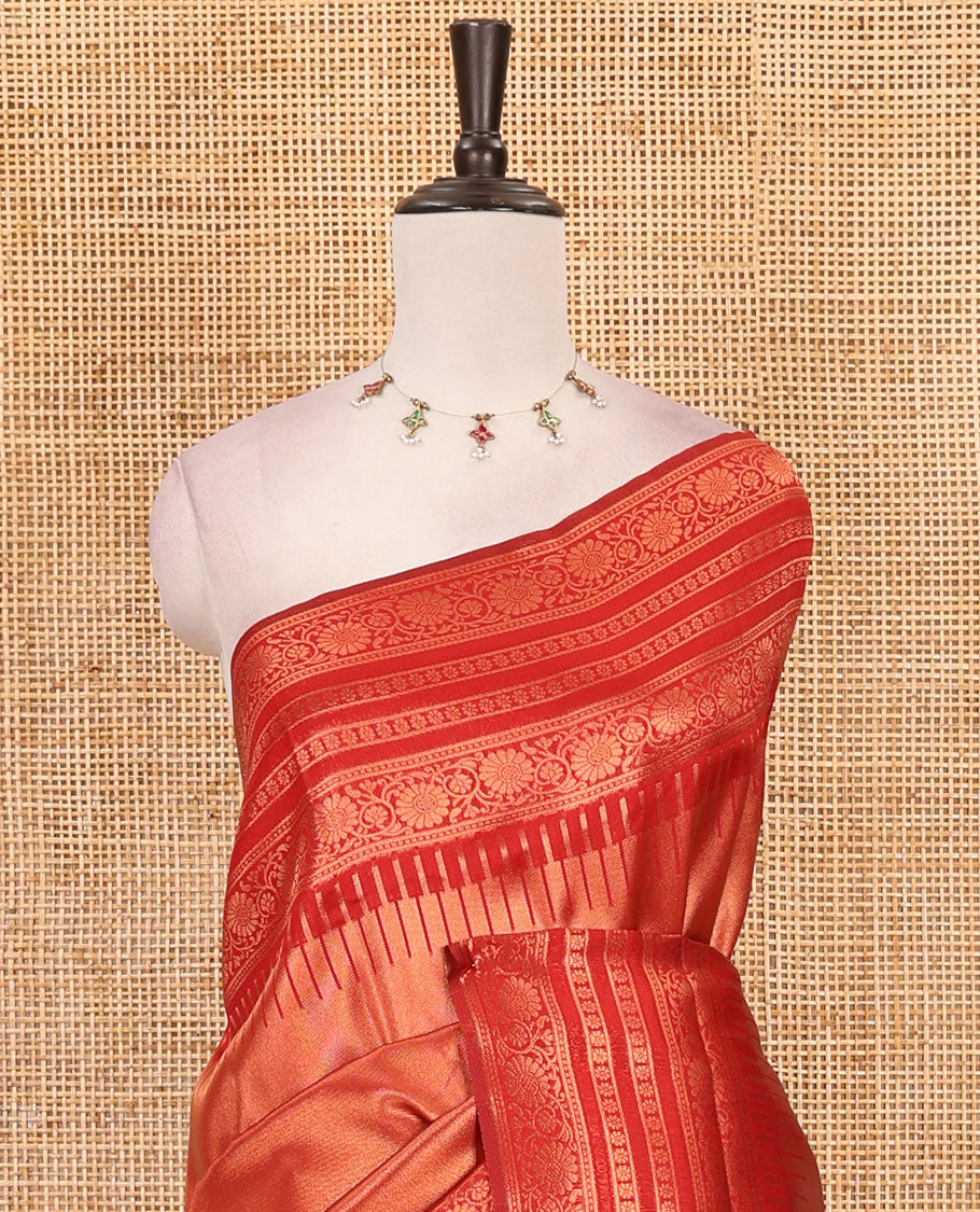 Red kanchi tissue jacquard saree, traditional zari temple border, zari woven jaal pallu & contrast small buttas blouse