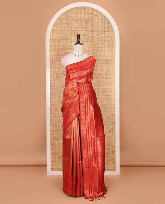 Red kanchi tissue jacquard saree, traditional zari temple border, zari woven jaal pallu & contrast small buttas blouse