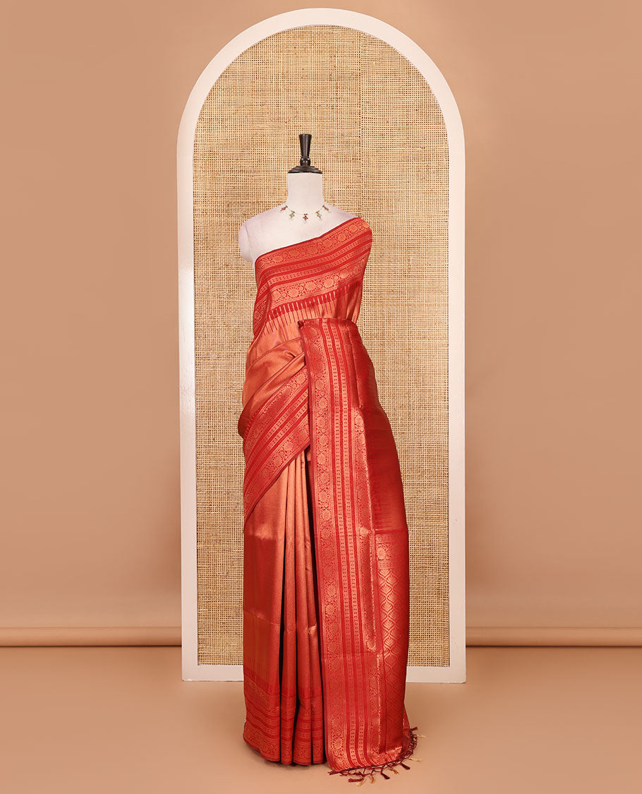 Red kanchi tissue jacquard saree, traditional zari temple border, zari woven jaal pallu & contrast small buttas blouse