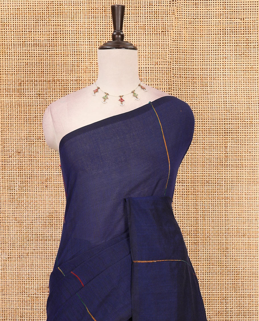 Borderless Navy blue vertical multi-color thread striped khadi jute linen saree, striped pallu & matching plain blouse