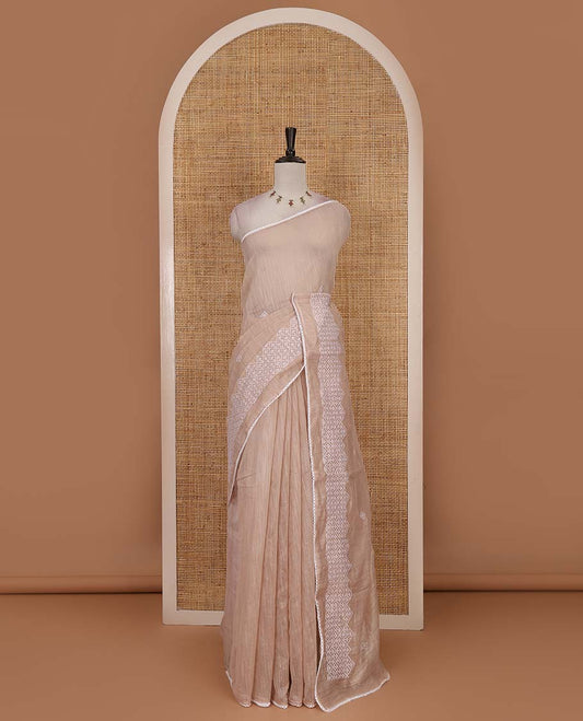 Chikku diamond patterns white resham thread embroidered mercerised cotton saree, lace border, and matching plain blouse