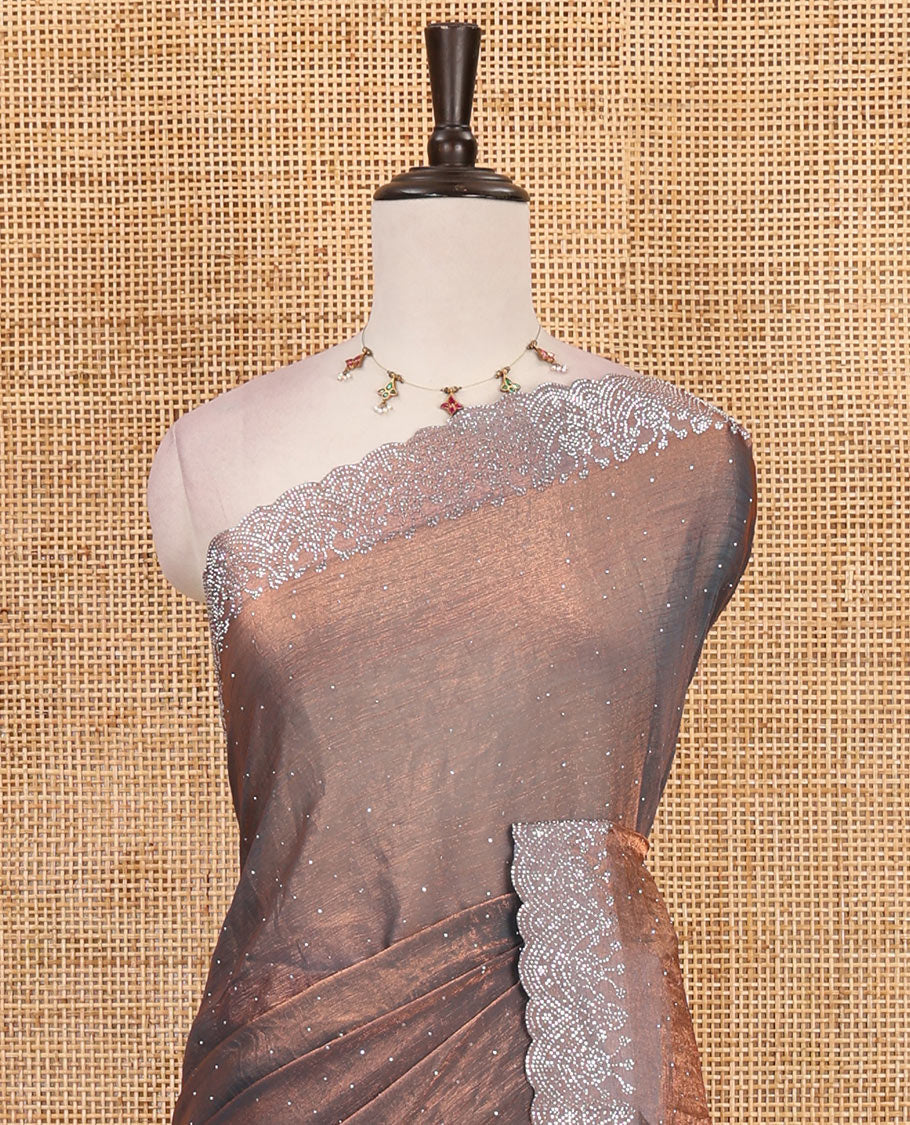 Grey Swarovski crystal stone embedded fendy chiffon saree, scallop border accentuated with floral and scallop design in Swarovski stones