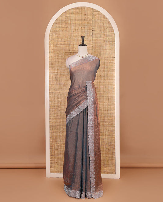 Grey Swarovski crystal stone embedded fendy chiffon saree, scallop border accentuated with floral and scallop design in Swarovski stones