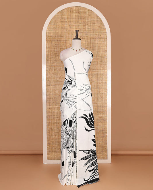 Borderless cream feather like floral motifs printed satin crepe saree, floral vine printed blouse